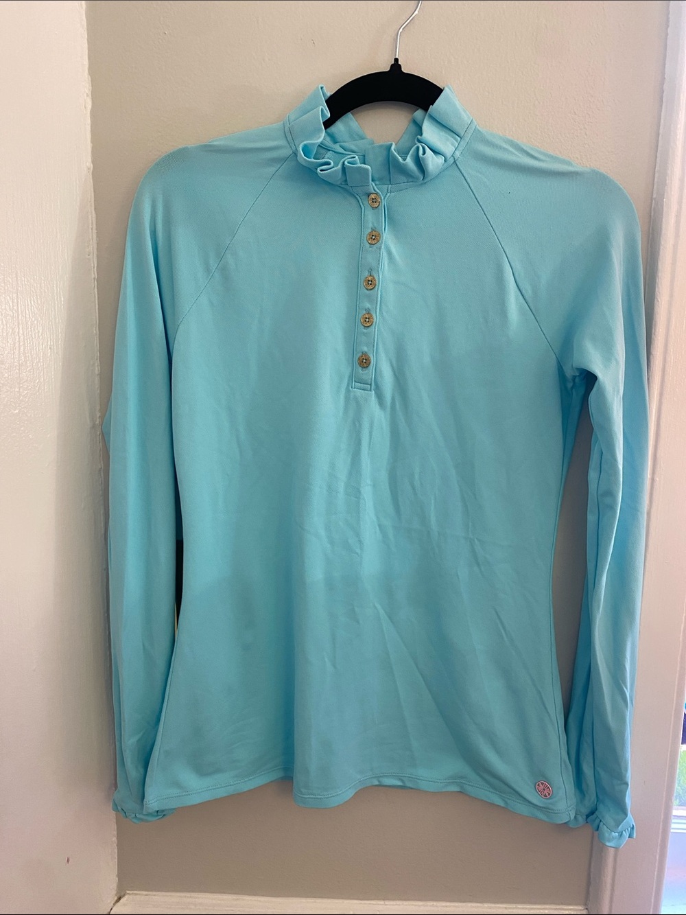 Lilly pulitzer luxletic  Aqua Ruffle Neck Long Sleeve Top